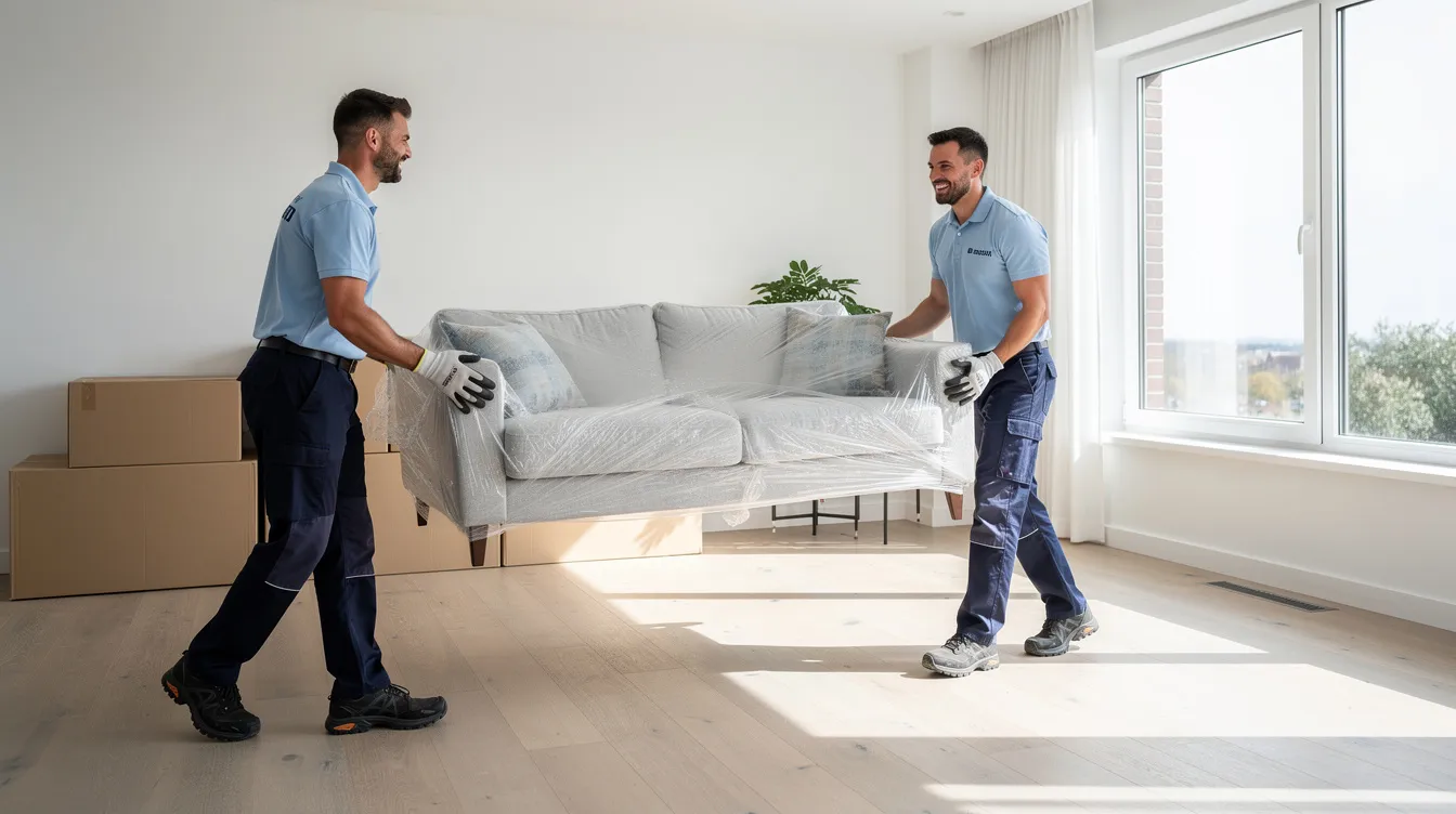 JM Moving Nashville TN – Stress Free Local & Long Distance Moving 3 Two professional movers are carefully placing a wrapped sofa into a bright and inviting living room of a new home, showcasing their expertise in providing reliable moving services in Nashville, TN. The scene captures the movers' commitment to a stress-free experience and careful handling of belongings during the relocation process.