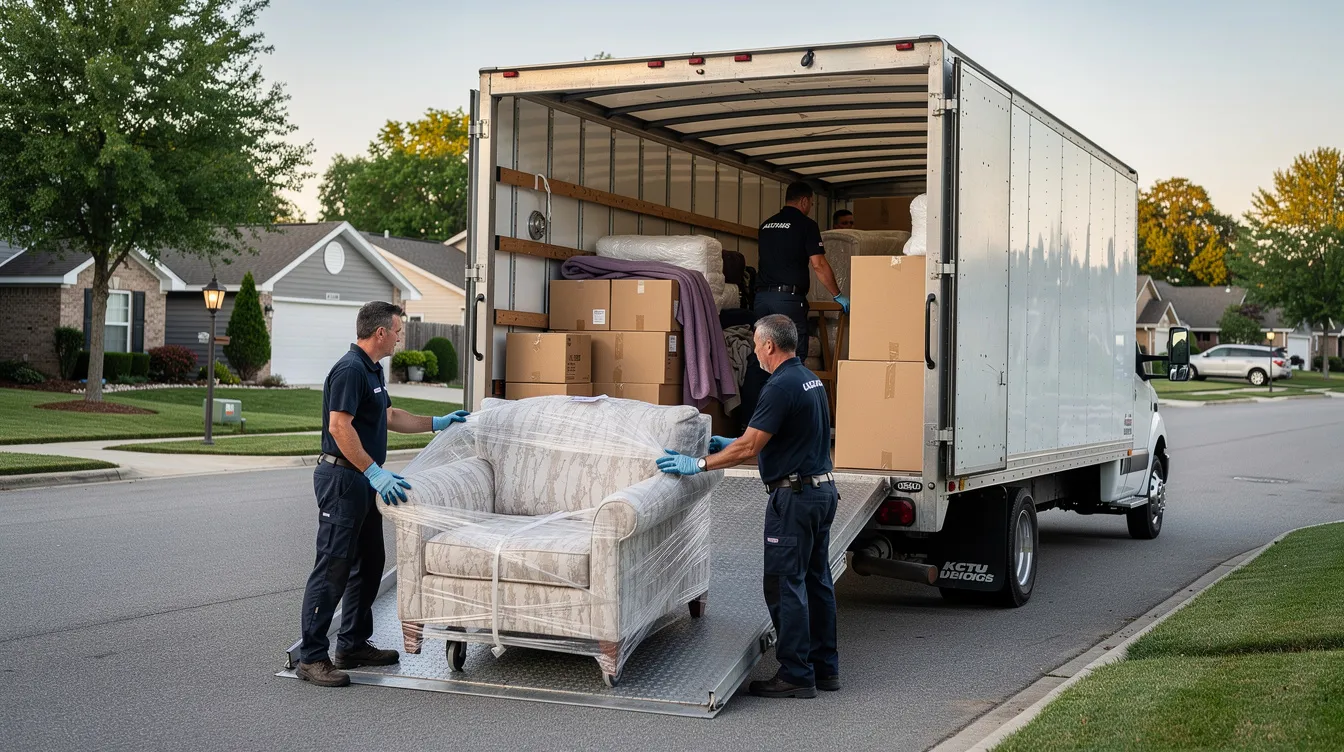 JM Moving Nashville TN – Stress Free Local & Long Distance Moving 1 A team of professional movers is carefully loading wrapped furniture into a large moving truck in a residential neighborhood, ensuring great care and safe handling of belongings for a stress-free experience. This reliable moving service, known for transparent pricing and no hidden fees, is part of JM Moving, serving Nashville, TN.