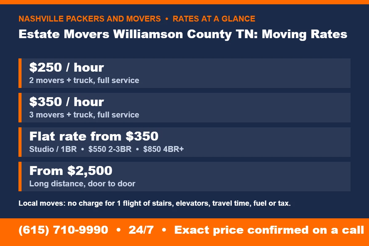 Estate Movers Williamson County TN: Moving Checklist 5 Estate Movers Williamson County TN rates at a glance