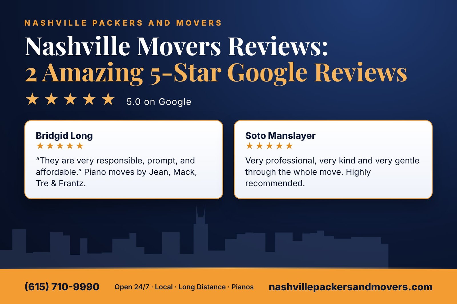 Nashville movers reviews - 2 amazing 5-star Google reviews for Nashville Packers and Movers